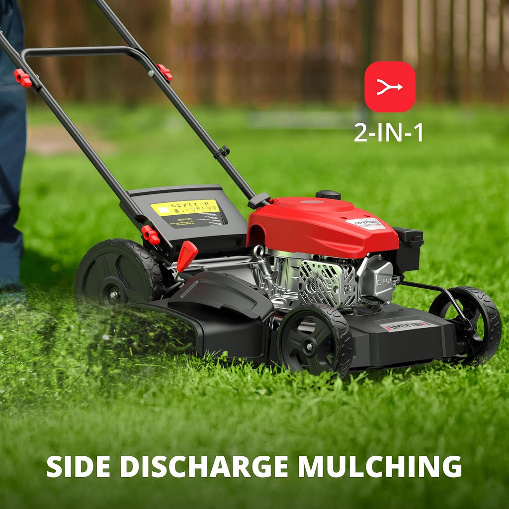 AMERISUN 144cc Gas Lawn Mower, 21 inch 2-in-1 Mulching & Side Discharge, 6-Position Height Adjustment, Foldable Handles for Lawn, Yard, and Garden Maintenance