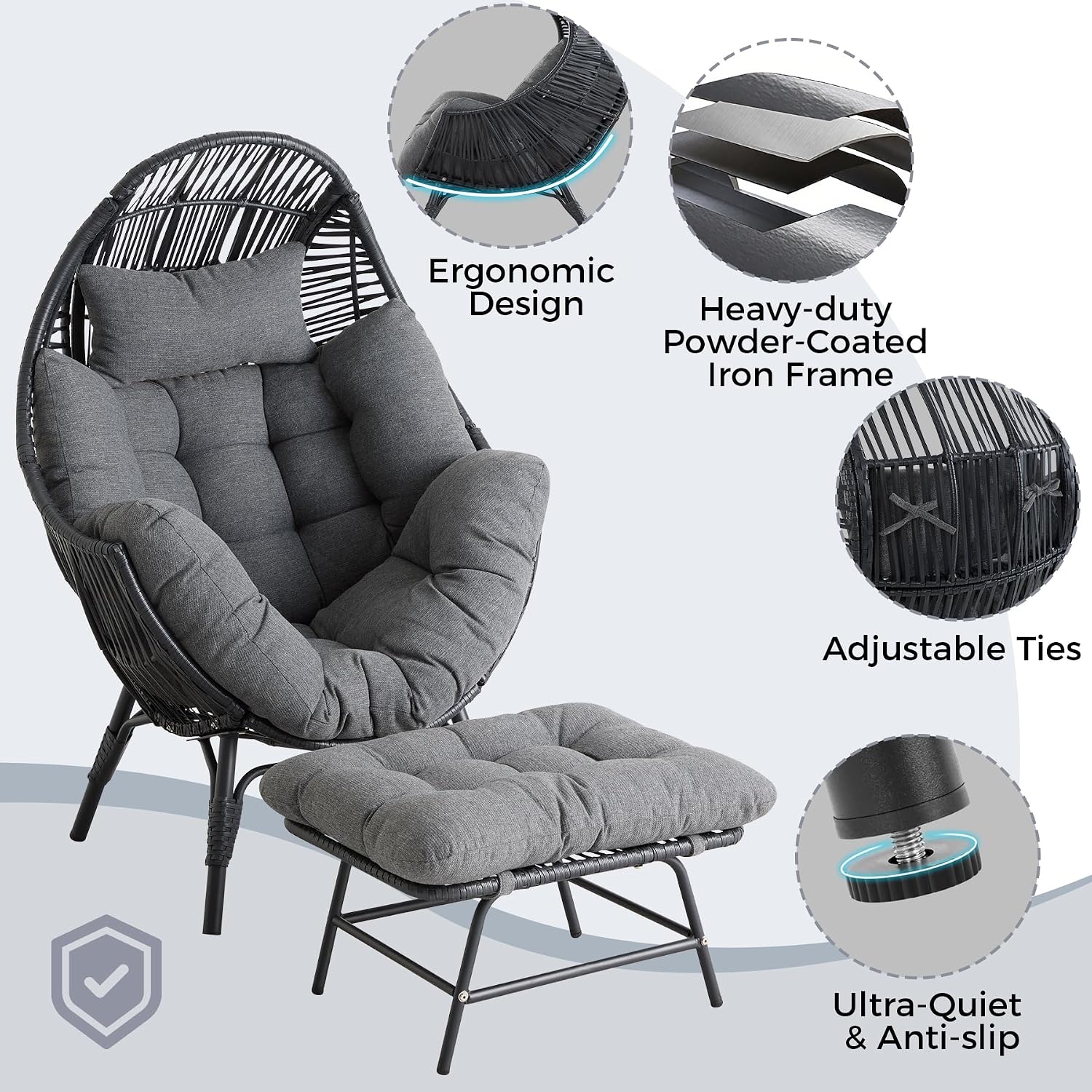 IRONCK Wicker Outdoor Egg Chair with Ottoman, Patio Lounge Chair with Footrest, Thickened Padded Cushion and Headrest, Egg Seat for Patio, Living Room, Garden, Balcony, Dark Gray