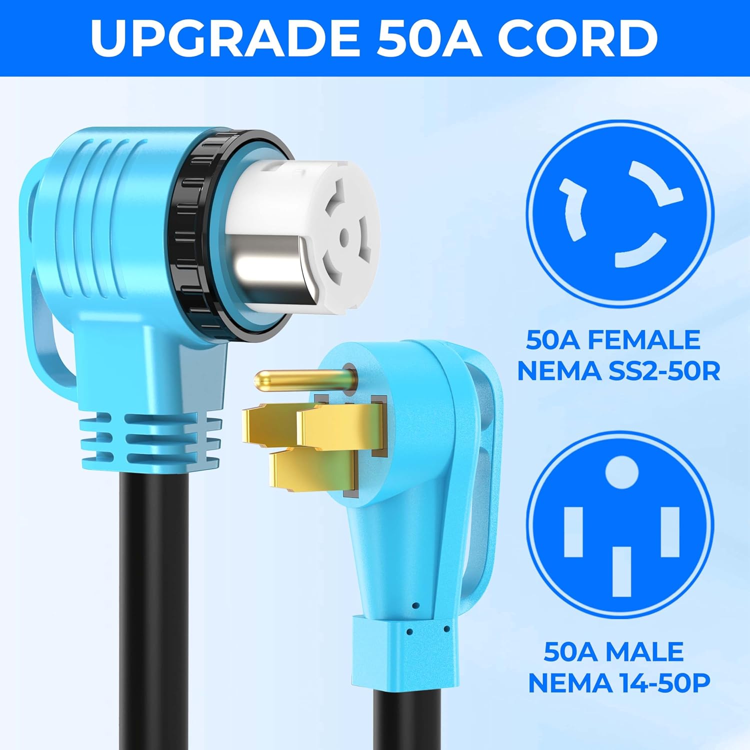25 Feet 50 Amp RV/Generator Cord, 100% Copper Wire, Newly Designed 90°Grip Handle, NEMA 14-50P to SS2-50R Twist Lock, 6/3+8/1 Gauge STW Wire, ETL Listed