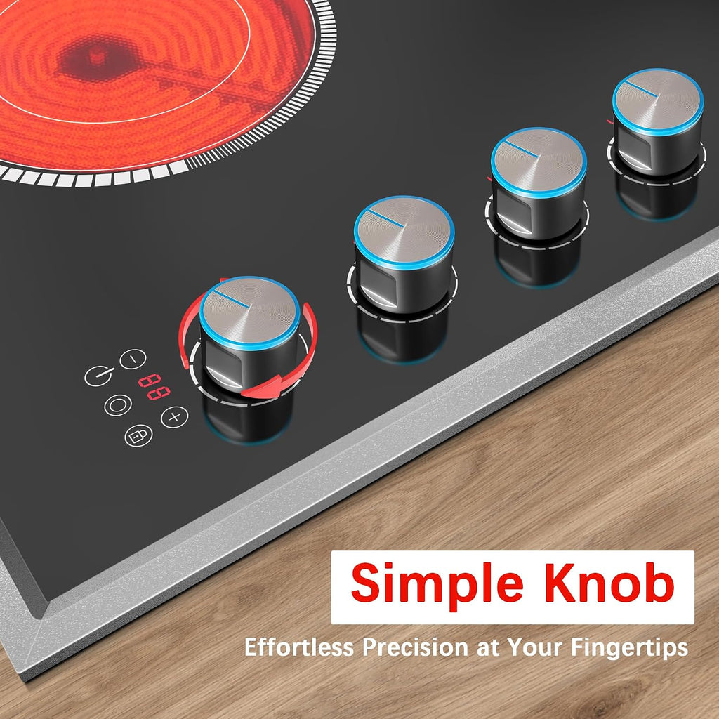 30 Inch Electric Cooktop, 4 Burner Electric Stove Top with Knob Control, 6700W Stove Top Burner with Overheat Protection, Child Lock, Timer, Durable Metal Frame, Bulit-in Glass Top 220-240V Hardwired