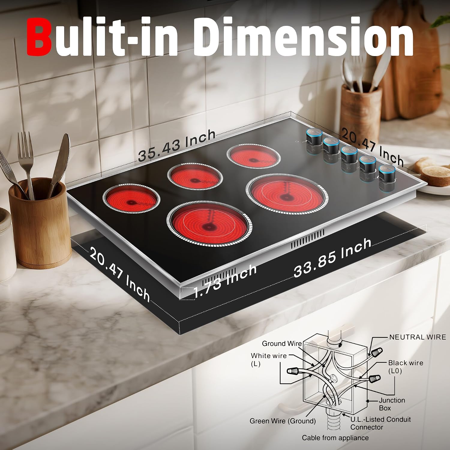 36 Inch Electric Cooktop, 5 Burner Electric Stove Top 8400W, 36' Ceramic Stove with Knob Control, Over-Temperature Protection, Dual Ring Zone, 220-240V Hard Wired (No Plug)