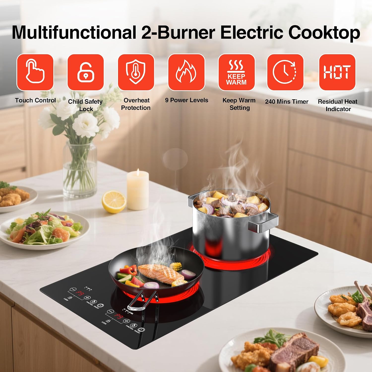 WABK Electric Cooktop 2 Burners, 12' Electric Stove Top with Plug in, Sensor Control Countertop & Built-in Ceramic Cooktop, Keep-Warm, 9 Heating Level, Timer, Child Lock, Compatible with All Cookware