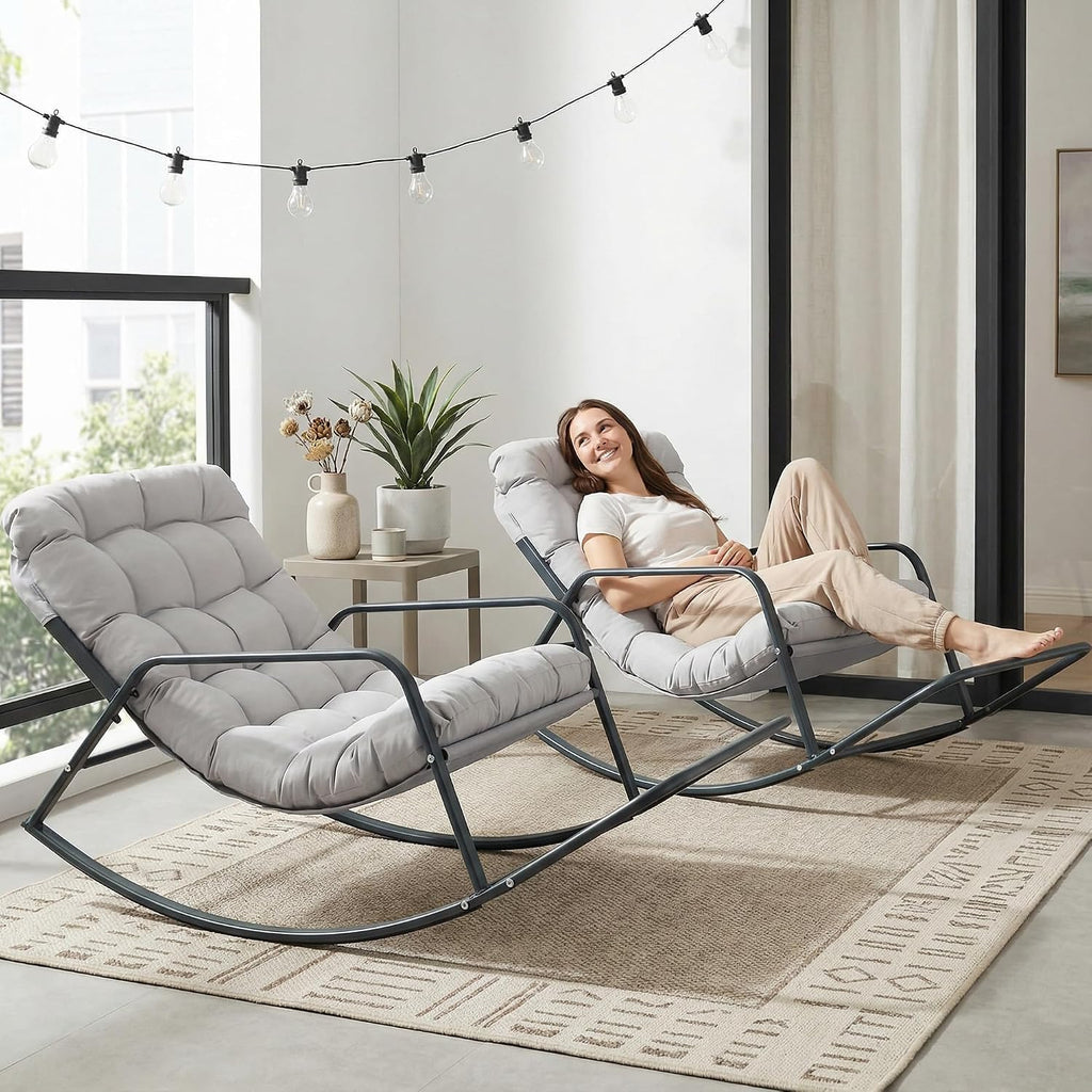 BULEXYARD Grey 2 Pcs Oversized Indoor Outdoor Lounge Royal Rocking Chair with Armrest Footrest for Napping Relaxing, Heavy Duty Patio Reclining Papasan Rocker Chair with Padded Cushion