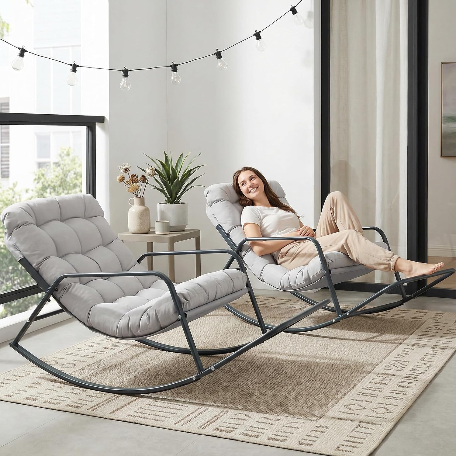 BULEXYARD Grey 2 Pcs Oversized Indoor Outdoor Lounge Royal Rocking Chair with Armrest Footrest for Napping Relaxing, Heavy Duty Patio Reclining Papasan Rocker Chair with Padded Cushion
