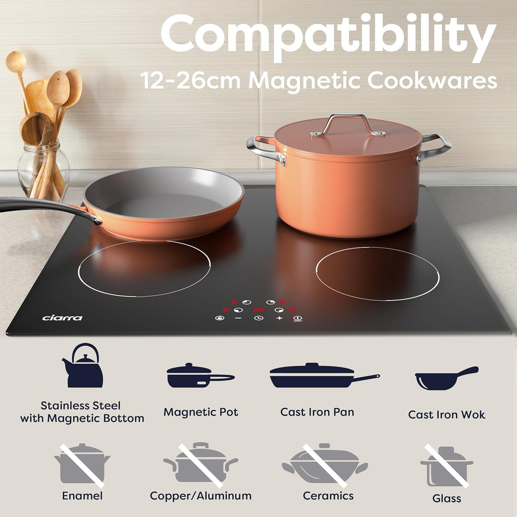 CDV 6000W Built-in Induction Cooktop 4 Burners, 24 Inch Electric Cooktop Touch Control Ceramic Glass Plate 9 Power Levels Fast Heating Child Safety Lock