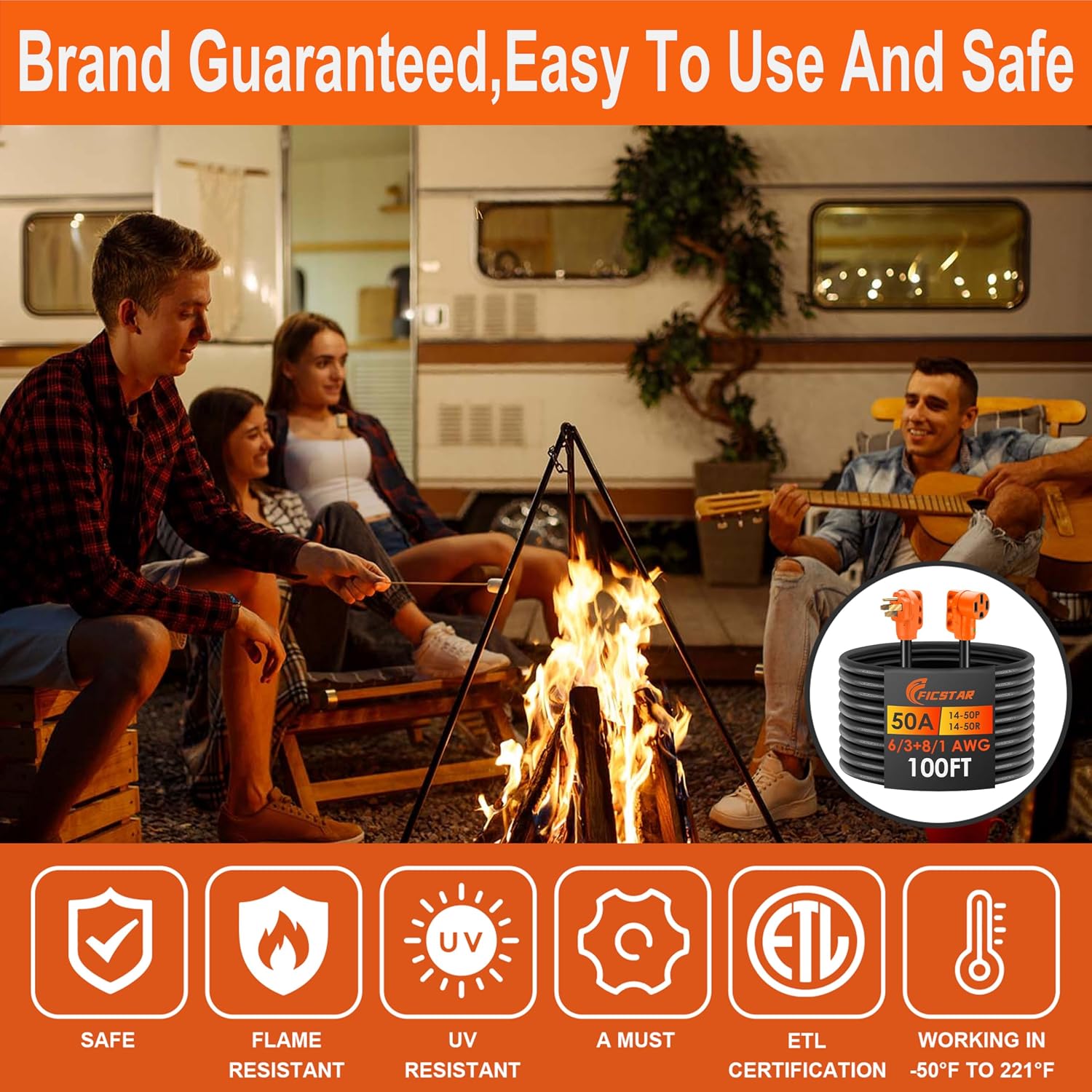 100FT 50 Amp RV Extension Cord Outdoor with Grip Handle, 125/250V, 12500W, 4 Prong, Heavy Duty 6/3+8/1 Gauge STW, NEMA 14-50P to 14-50R with LED Power Indicator & Polarity Lamp, UL&ETL Listed