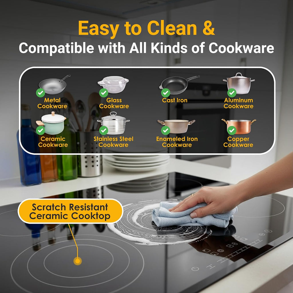 K&H 5 Burner Electric Cooktop - 30 Inch Built-In Radiant Ceramic Stove Top - 9 Power Levels & Touch Control, Compatible with All Cookware, 240V, 8600W High-Power Built-in Electric Stove, CE30-8608