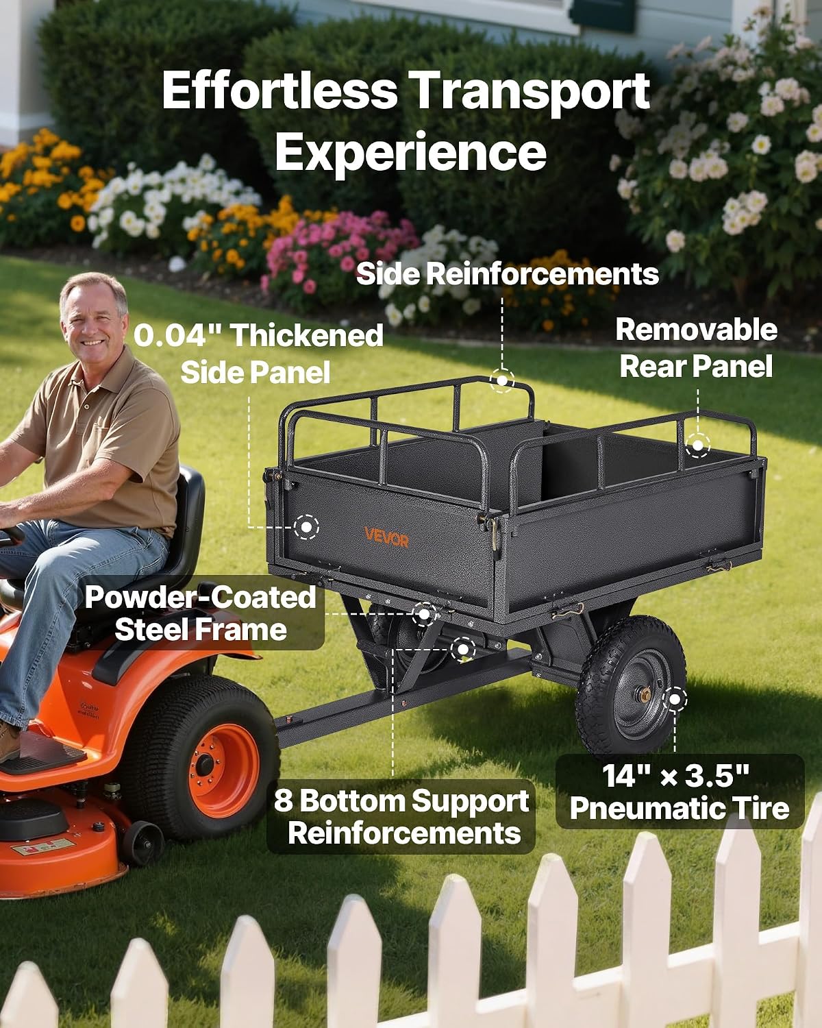 VEVOR 10 Cu.Ft. & 500lbs ATV Trailer Dump Cart Tow Behind, Heavy Duty Utility UTV Trailer, Tow Behind Steel Yard Dump Wagon Cart with 14' Tires for Lawn Mower Tractor