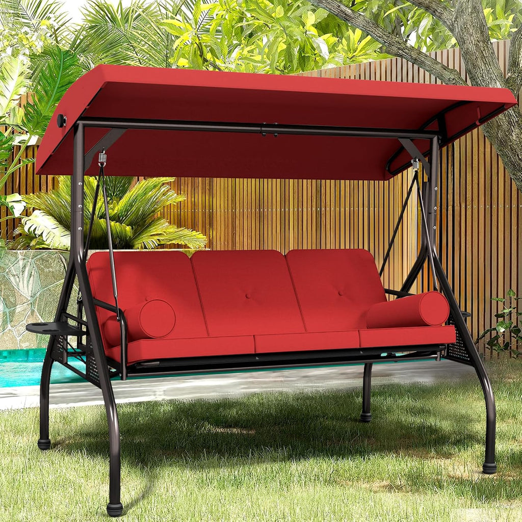 Betterland 3-Seat Patio Swing Chair, Outdoor Porch Swing with Pillows, Cushions & Cup Holders, Adjustable Canopy Outside Bench Swing for Backyard, Porch, Garden(Red)