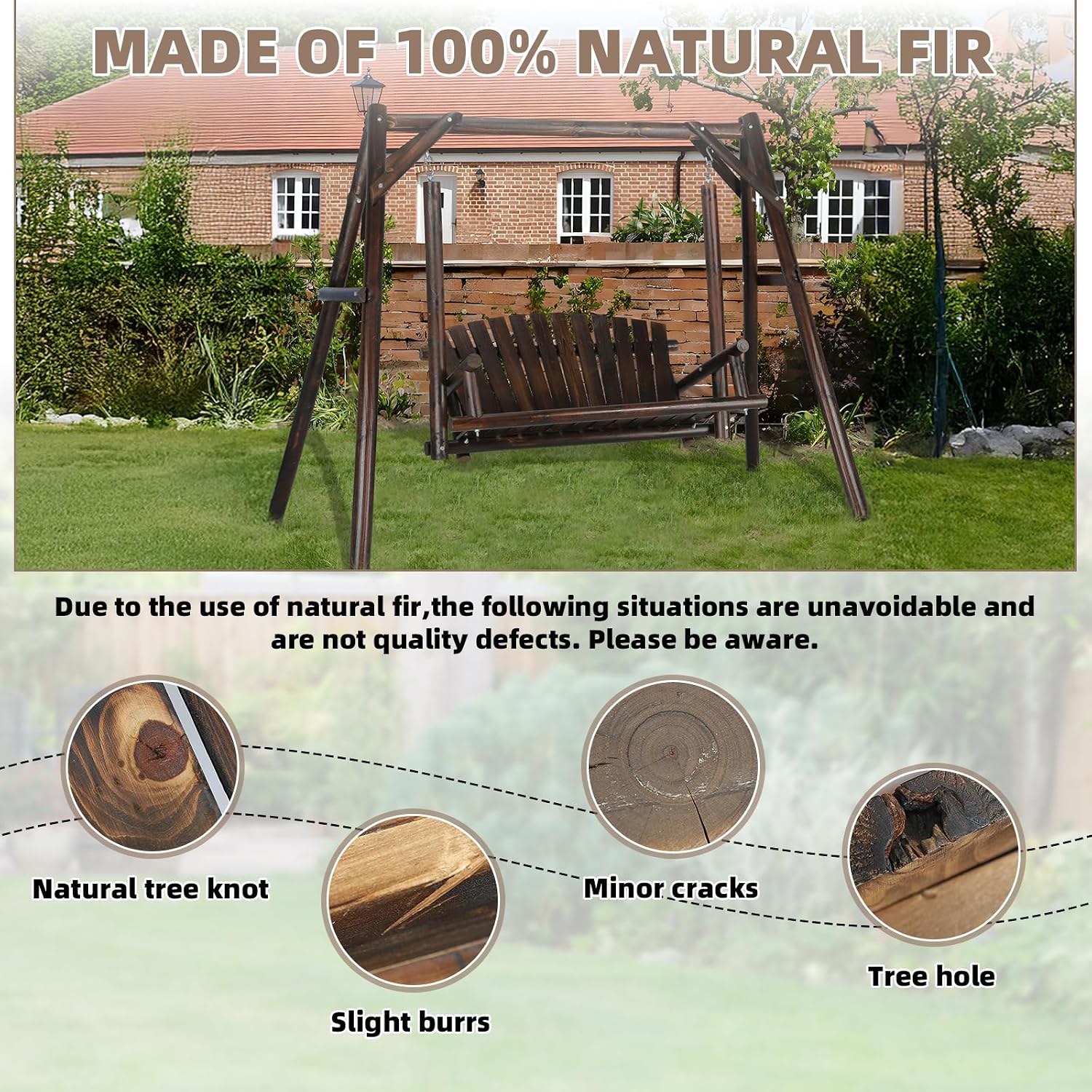 2-Seat Porch Swing, Wooden Log Patio Swings Chair Bench with Stand, Rustic Hardwood Swing Chair with Curved Back, Wood Seating Porch Swings for Outside Yard, Garden, Deck, Poolside, Carbonized
