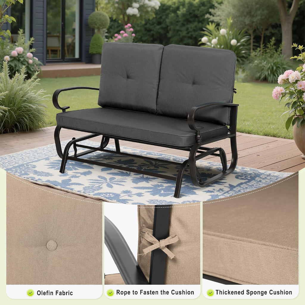 Outdoor Bench Patio Swing Glider Loveseat 2 Seats Rocking Chair, Wrought Iron Gliders for Outside Patio with Cushion (Grey)