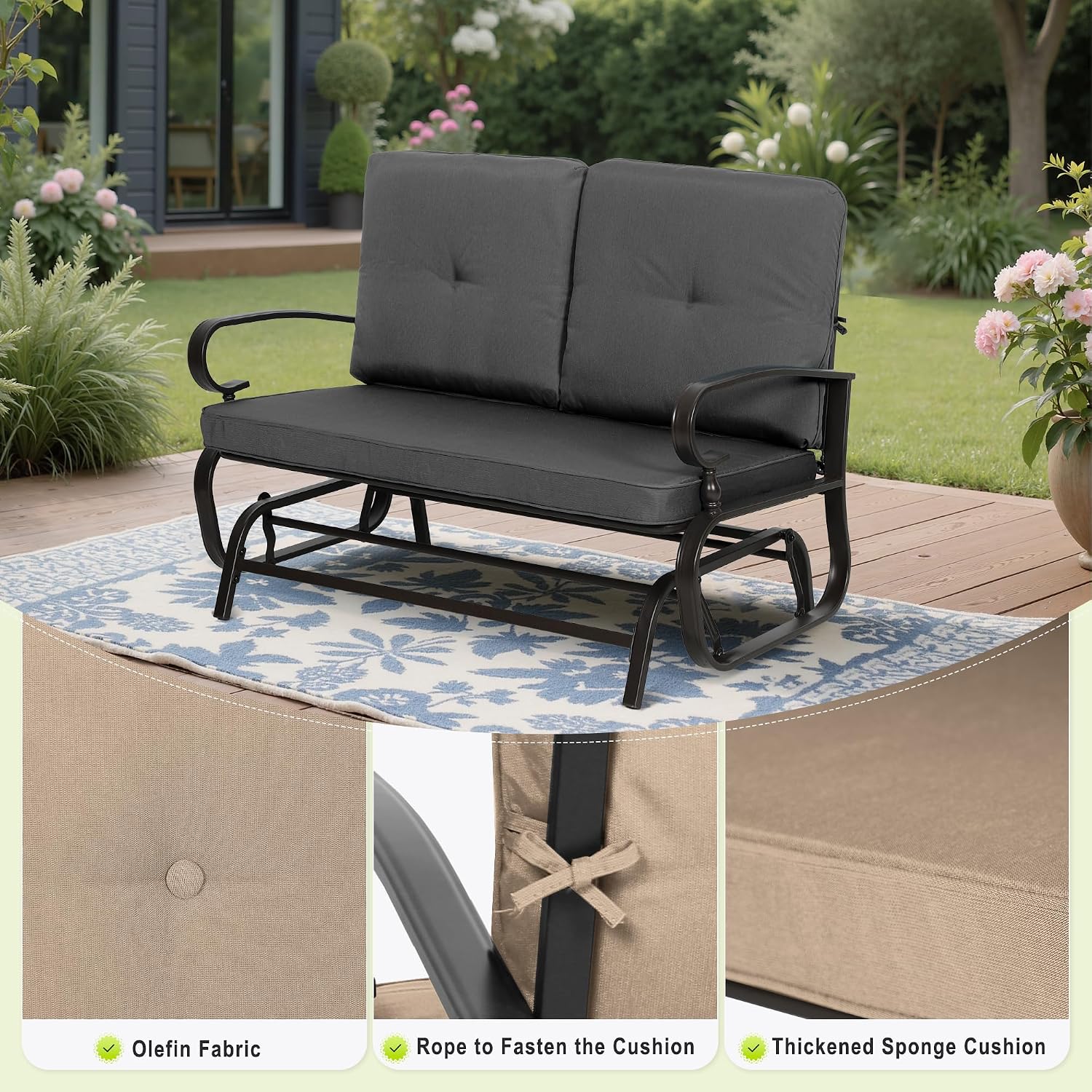 Outdoor Bench Patio Swing Glider Loveseat 2 Seats Rocking Chair, Wrought Iron Gliders for Outside Patio with Cushion (Grey)
