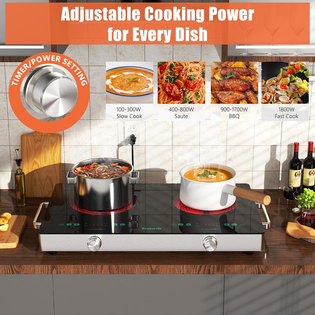2 Burner Electric Cooktop, Two Burner Electric Stove 24 Inch, Portable Ceramic Cooktop with Handle, SensorTouch & Knob Control, Child Lock, Timer, 9 Power Levels, 110V-120V Plug in, Green