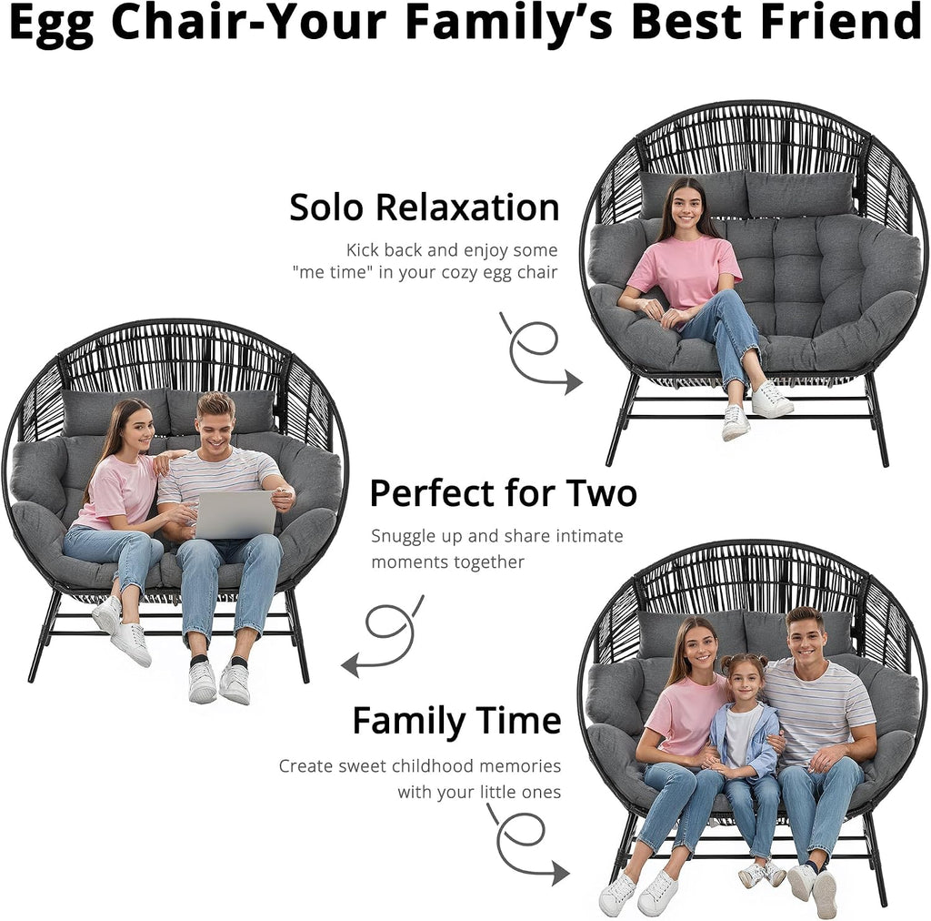 IRONCK 2 Person Egg Chair Outdoor Indoor, Oversized Double Wicker Lounge Chair, Thickened Padded Cushions and Headrests, 680Lbs Egg Loveseat for Patio, Balcony, Living Room, Porch, Gray