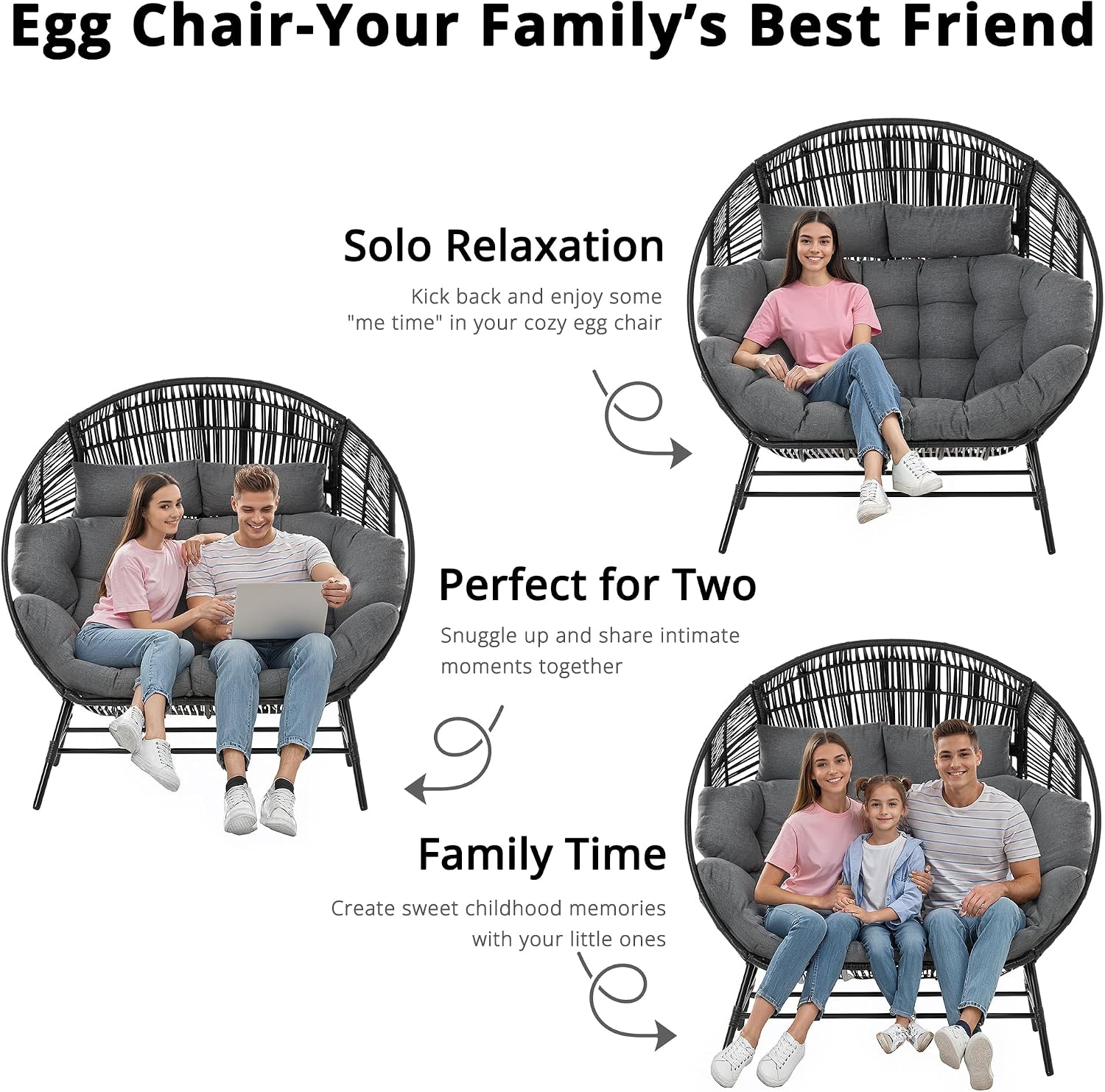 IRONCK 2 Person Egg Chair Outdoor Indoor, Oversized Double Wicker Lounge Chair, Thickened Padded Cushions and Headrests, 680Lbs Egg Loveseat for Patio, Balcony, Living Room, Porch, Gray