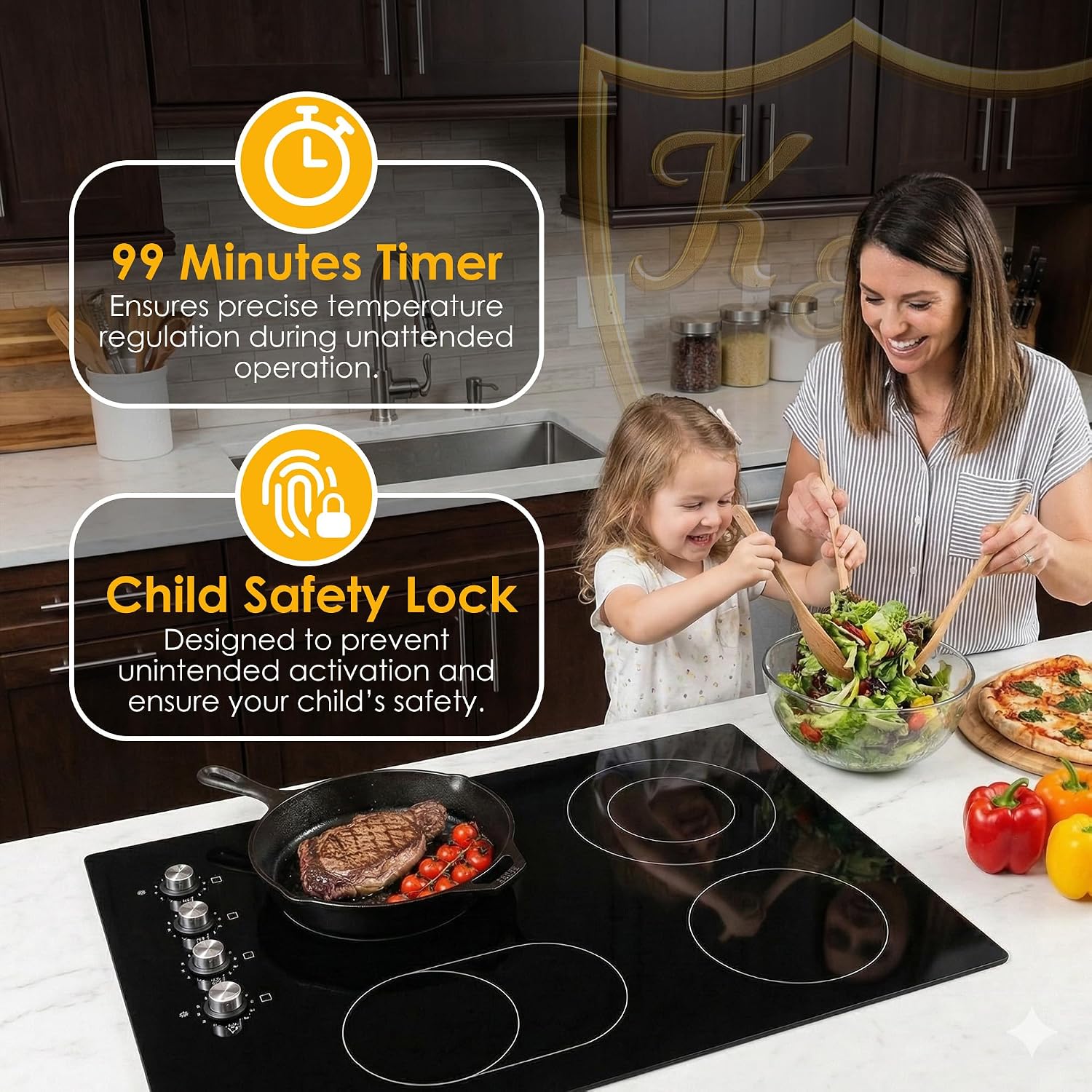 K&H 4 Burner Electric Cooktop - 30 Inch Built-In Radiant Ceramic Stove Top with 11 Power Levels & Knob Control, Compatible with All Cookware, 240V, 7200W High-Power Built-in Electric Stove, CE30-7206K