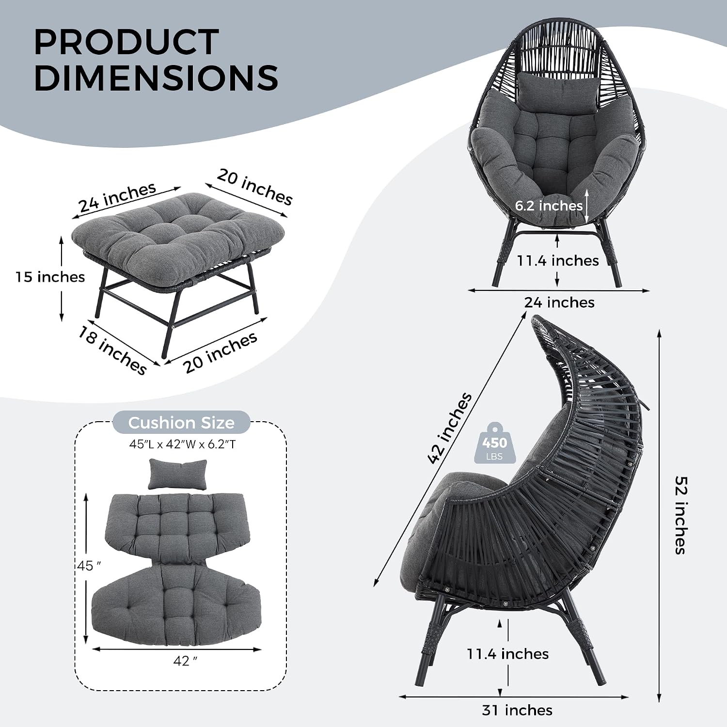 IRONCK Wicker Outdoor Egg Chair with Ottoman, Patio Lounge Chair with Footrest, Thickened Padded Cushion and Headrest, Egg Seat for Patio, Living Room, Garden, Balcony, Dark Gray