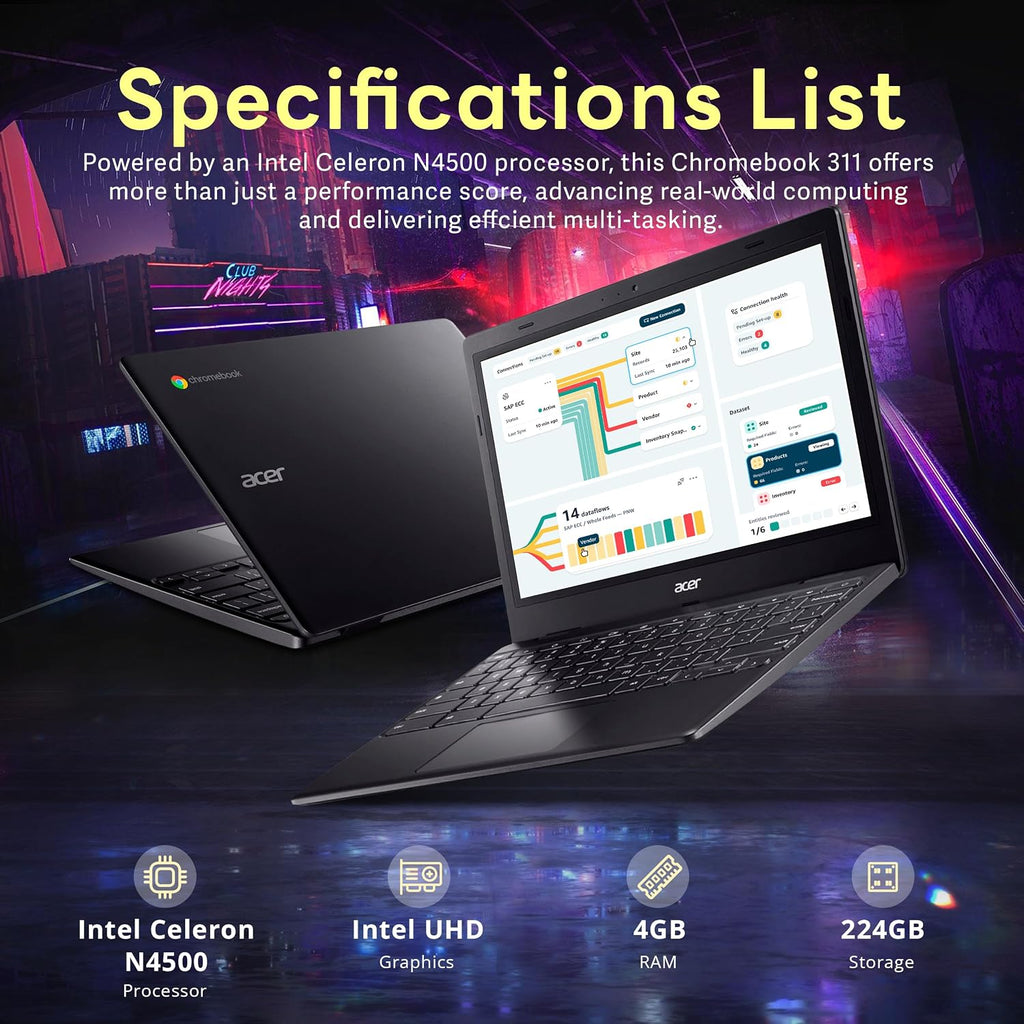 acer Chromebook 311 11.6' HD Laptop, Intel Celeron N4500, 4GB RAM, 224GB Storage (64GB eMMC + 160GB Docking Station Set), Intel UHD Graphics, Wi-Fi 5, Webcam, Chrome OS, Black