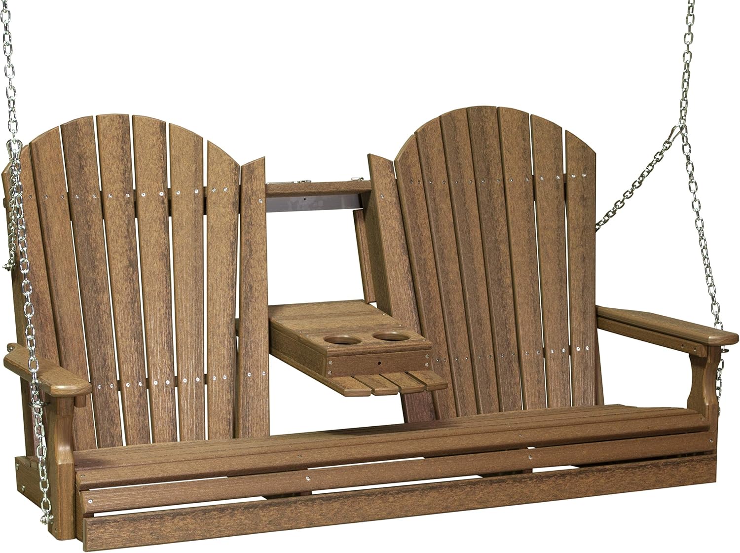 LuxCraft 5' Adirondack Hanging Porch Swing with Flip Down Console, Outdoor Patio Swing, Front Porch Swing, Outdoor Swing Bench (Antique Mahogany)
