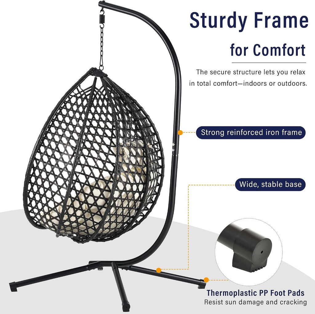 Single Hammock Chair with Stand Durable Hanging Egg Chair with Rattan Weaving, Indoor Outdoor Swing Chairs with Soft Removable Cushion for Balcony, Bedroom, Patio, or Garden, Black+Beige