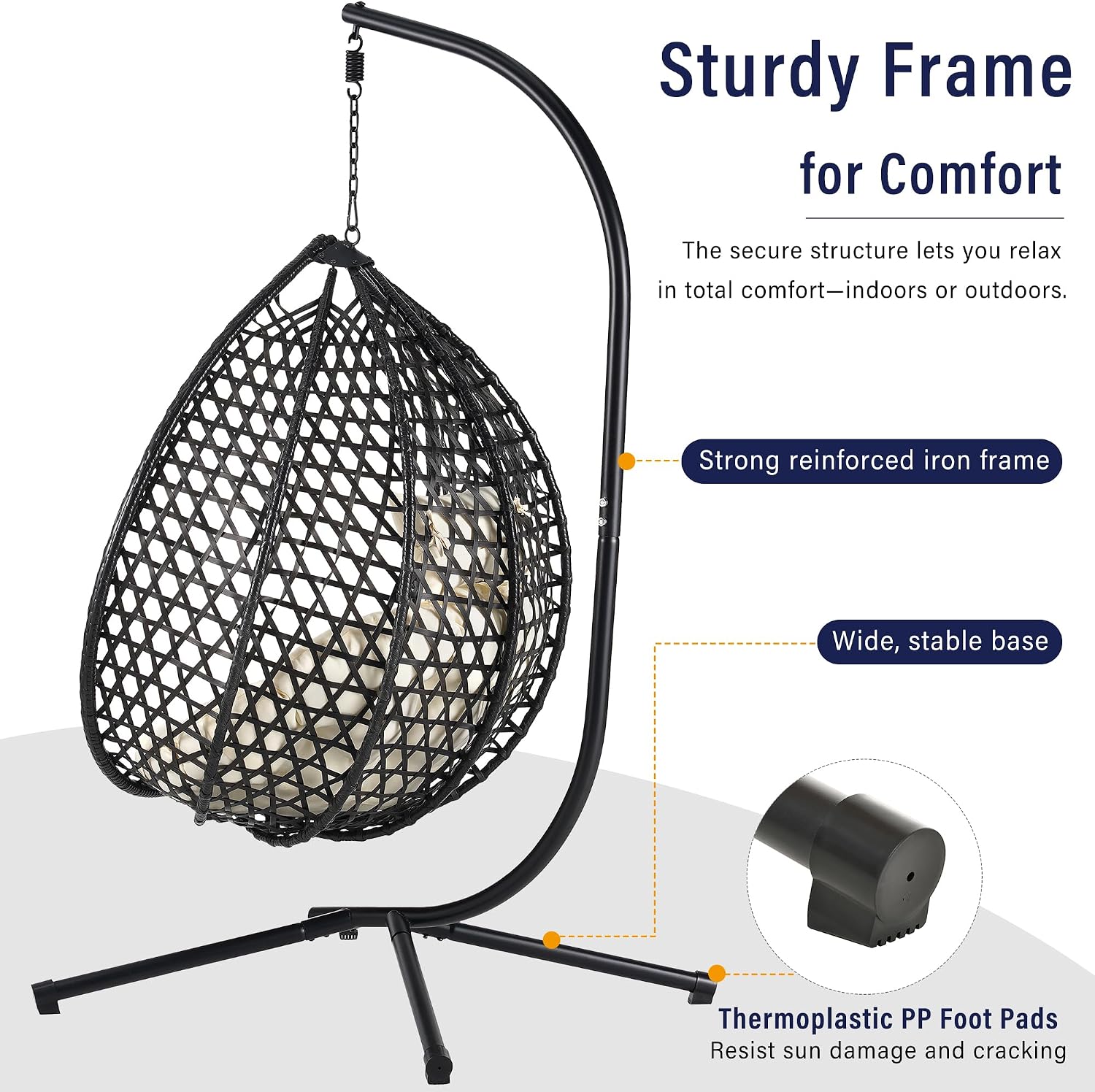 Single Hammock Chair with Stand Durable Hanging Egg Chair with Rattan Weaving, Indoor Outdoor Swing Chairs with Soft Removable Cushion for Balcony, Bedroom, Patio, or Garden, Black+Beige
