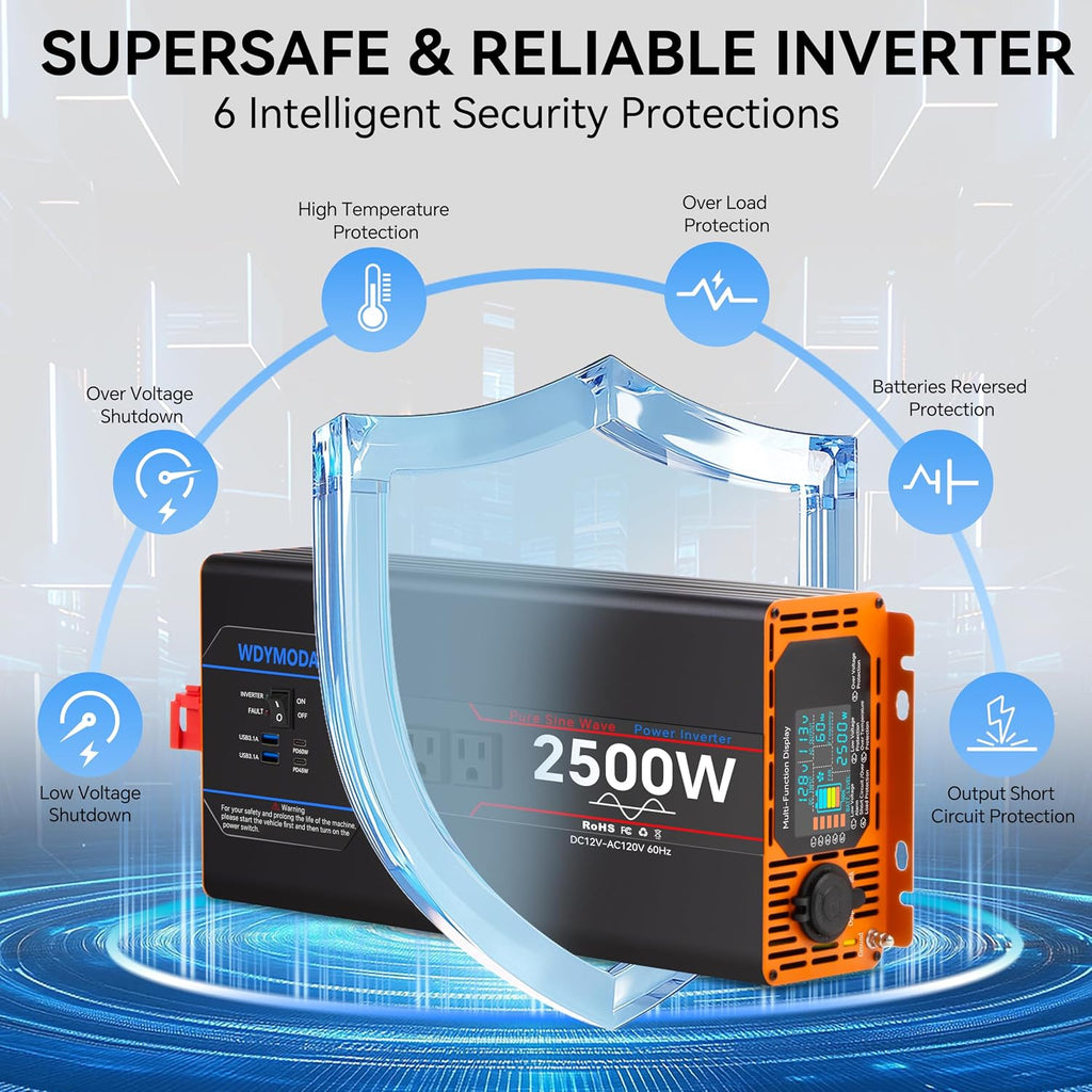 2500W Pure Sine Wave Inverter, Car Power Inverter 12V to 110V 120V, DC to AC Converter Generator with AC Outlets 3.0A USB Type-C, Remote Controller LCD Display Truck Inversor for Vehicles, RV