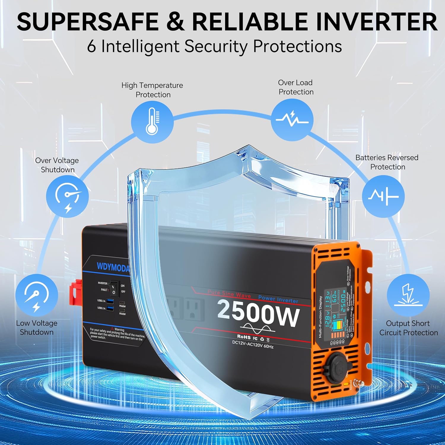 2500W Pure Sine Wave Inverter, Car Power Inverter 12V to 110V 120V, DC to AC Converter Generator with AC Outlets 3.0A USB Type-C, Remote Controller LCD Display Truck Inversor for Vehicles, RV
