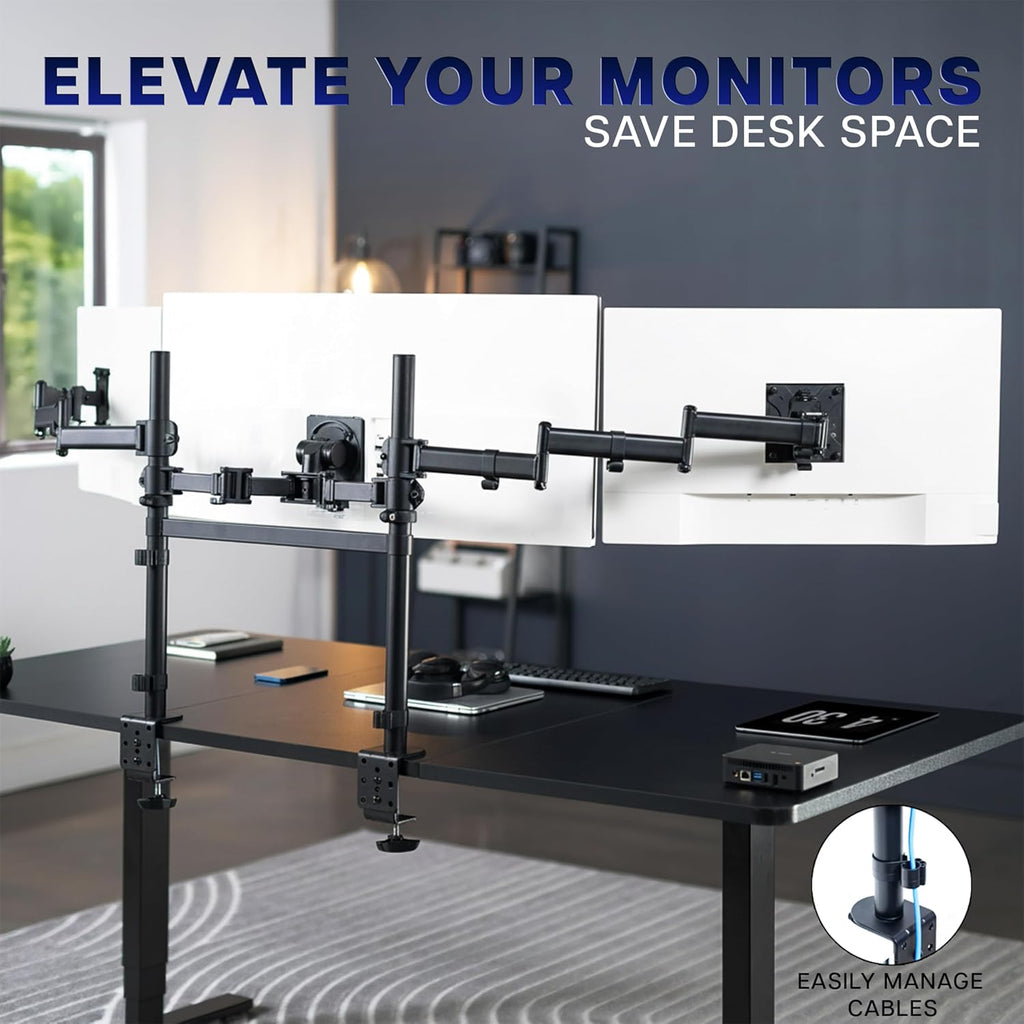 VIVO Clamp-on Dual Pole Triple Monitor Desk Mount for 1 Center Utrawide up to 49 inches and 59.4 lbs, 2 Side Screens up to 38 inches and 17.6 lbs, Low Profile Adjustable Stand, Black, STAND-V300CU