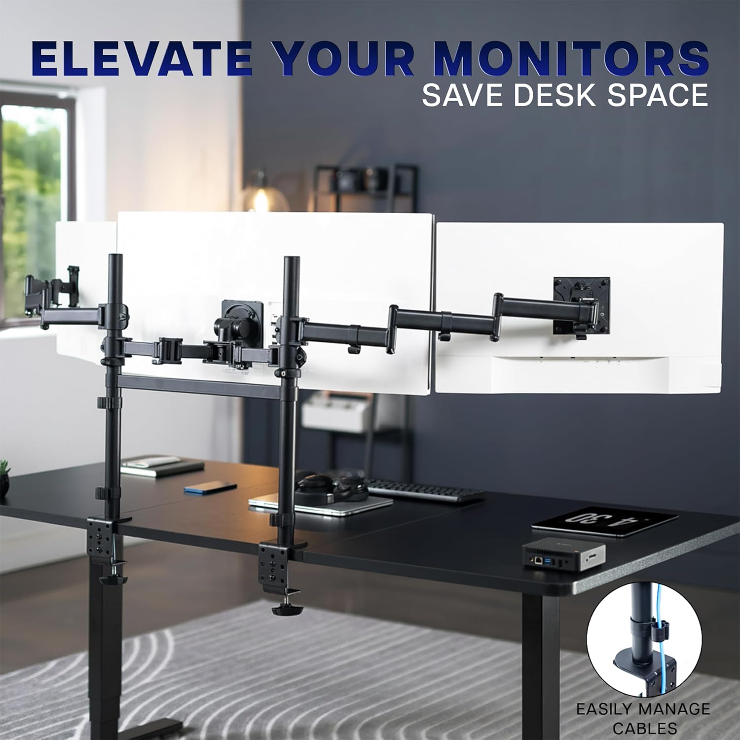 VIVO Clamp-on Dual Pole Triple Monitor Desk Mount for 1 Center Utrawide up to 49 inches and 59.4 lbs, 2 Side Screens up to 38 inches and 17.6 lbs, Low Profile Adjustable Stand, Black, STAND-V300CU