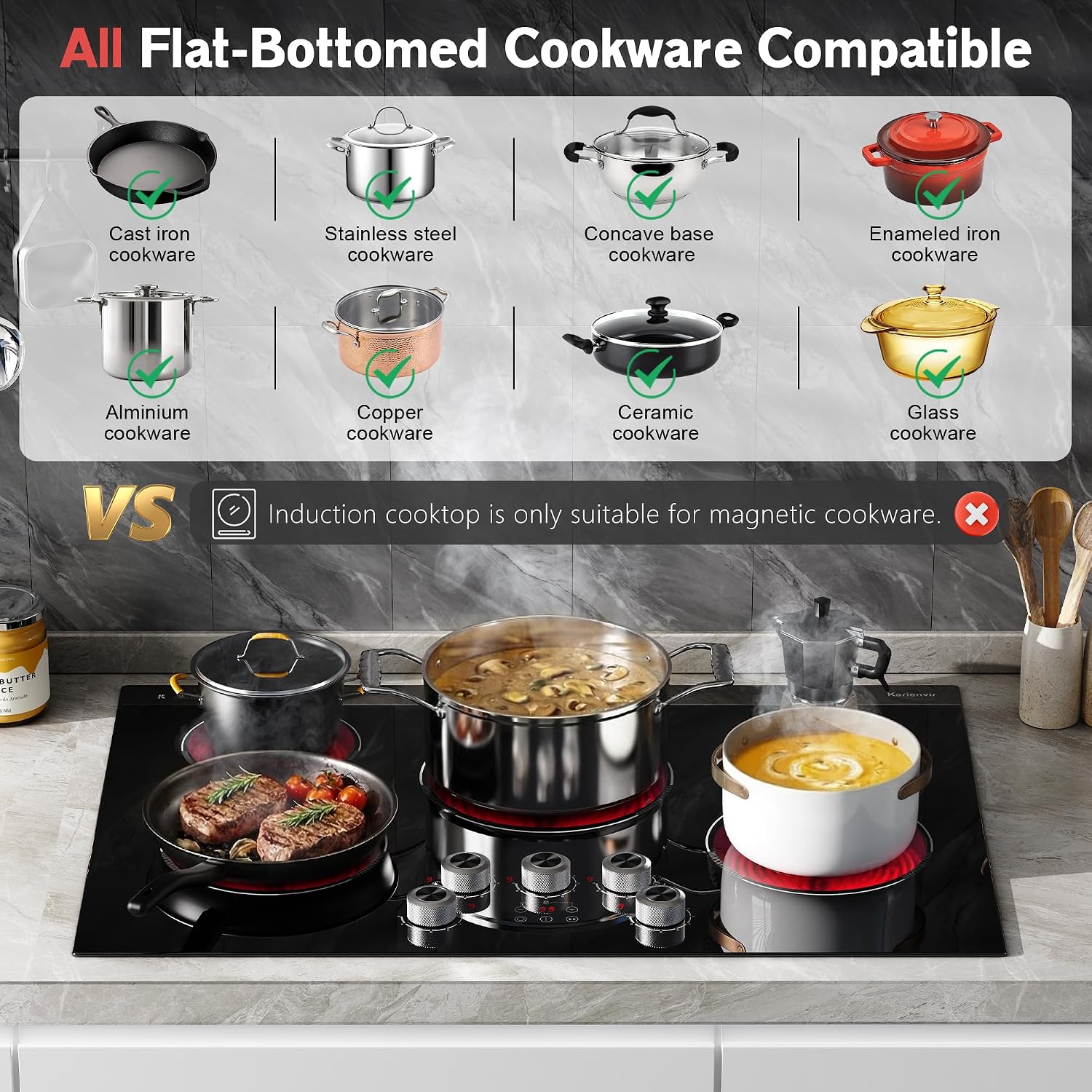 30 Inch Electric Cooktop Karienvir, 5 Burner Cooktop 8500W Built-in Electric Stove Top, Anti-slip Knob & Touch Control, Dual-Ring Burner, 30' Safety Lock, Timer, 220V Hardwired