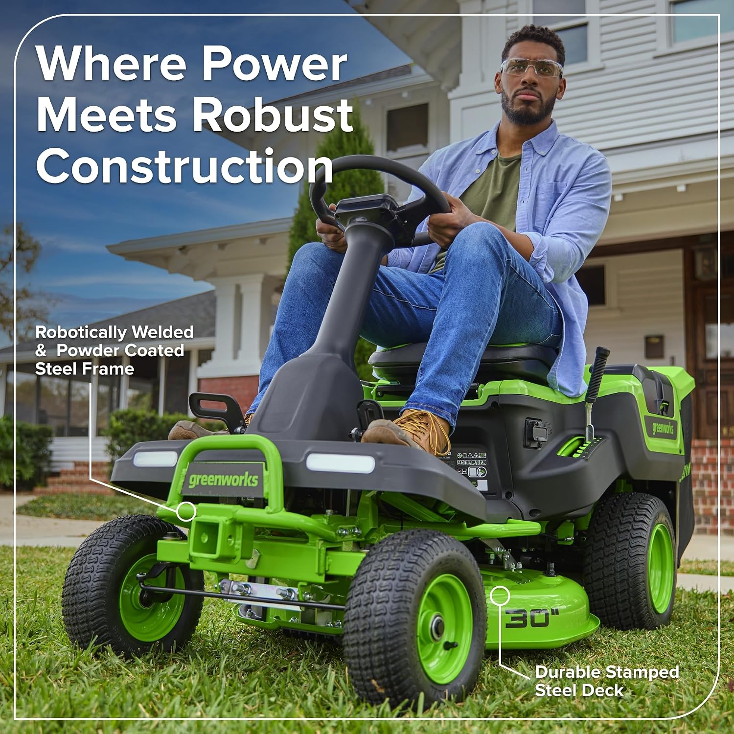 Greenworks 80V 30' Cordless Riding Lawn Tractor, (4) 6.0Ah Batteries and 600W Charger