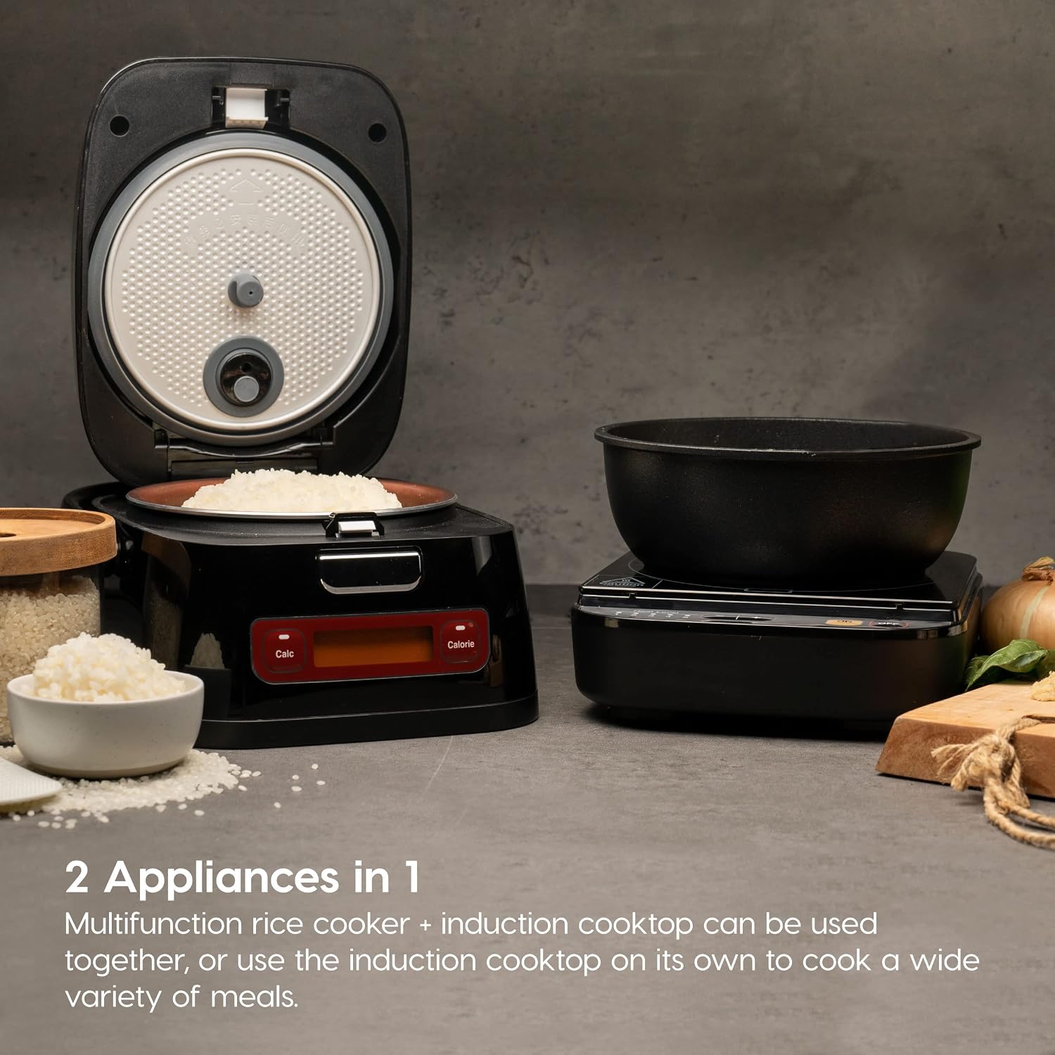 2-in-1 Rice Cooker and Induction Cooktop Burner, 3-Cup (Uncooked) / 6-Cup (Cooked) and Warmer, Portable and Compact IH Cooktop with Calorie Counter and Timer, 7 Cooking Modes