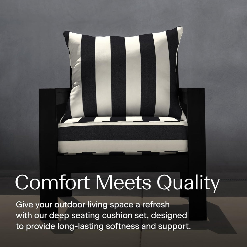 Honeycomb Outdoor Heritage Deep Seat, 23 x 25, Cabana Stripe Black & Ivory Chair Cushion with Removable Cover, for Patio Furniture