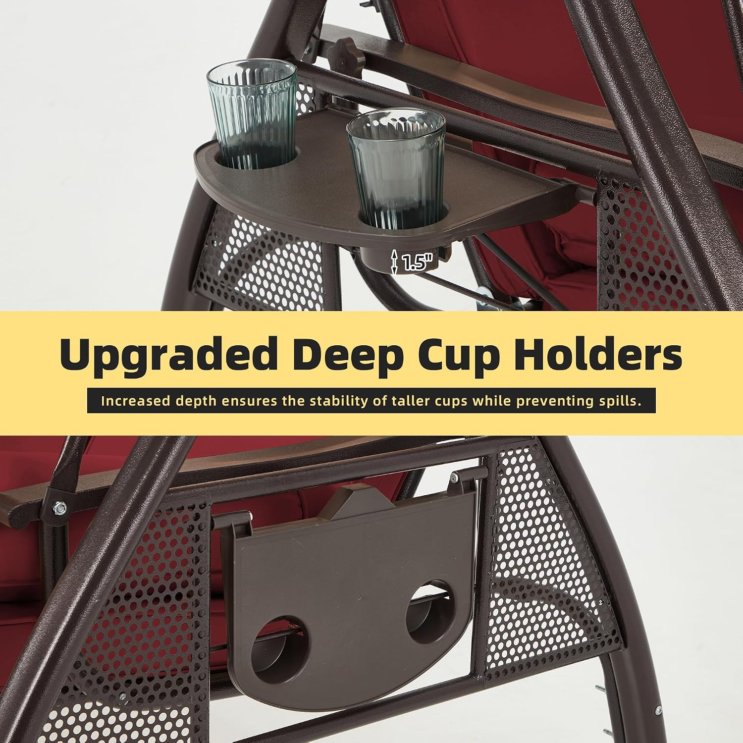 HOMREST 3 Seat Outdoor Porch Swing with 1.5' Deepened Cup Holder, Adjustable Canopy, Patio Swing Bed with Stand, Patio Glider Swing with Thicken Cushions, Pillow for Yard, Garden(Wine Red)