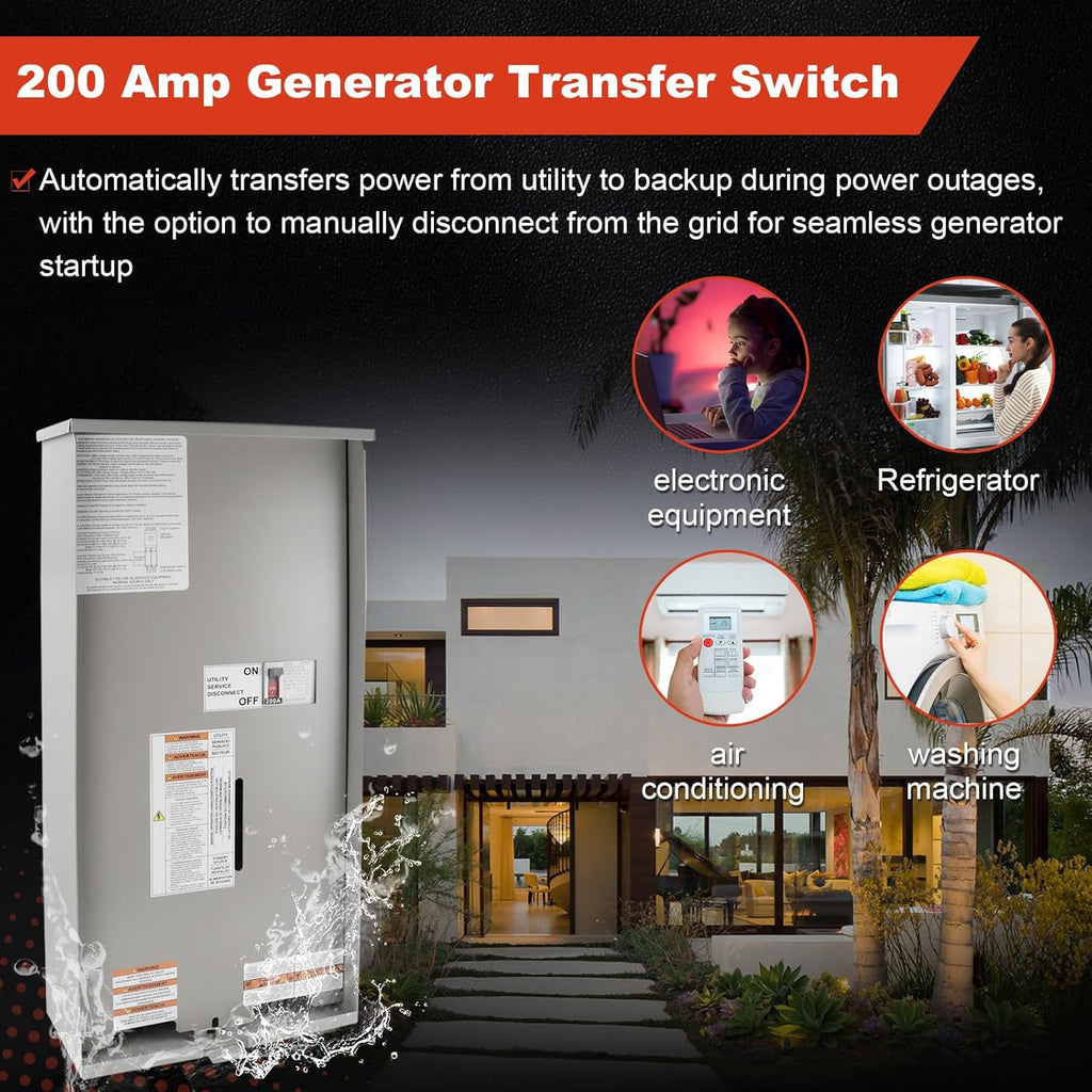 200 Amp Single Phase Generator Automatic Transfer Switch Compatible with Generac RXSW200A3,Power Management for Outdoor and Indoor Use, Service Entrance Rated, NEMA 3R Aluminum Enclosure 120/240 V