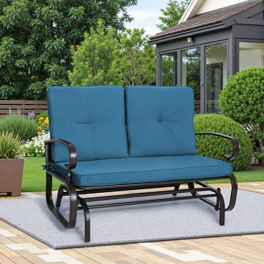 Incbruce Outdoor Glider Rocking Chair Patio Glider Bench for 2 Person, Porch Loveseat Seating Patio Steel Frame Chair Set with Cushion for Porch, Patio, Garden (Blue)