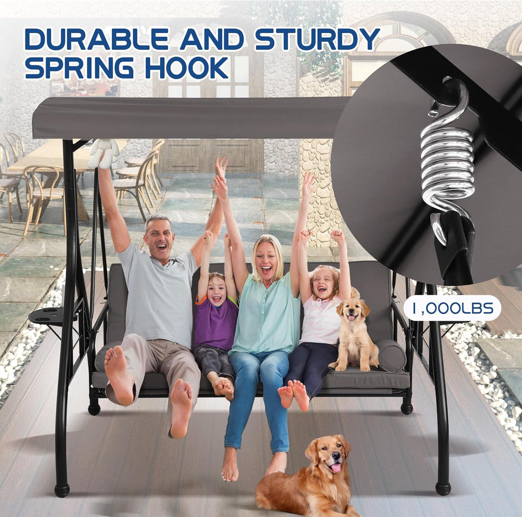 Patio Porch Swings with Adjustable Canopy - 3 Seat Outdoor Porch Swing Glider Bench with Stand, Heavy Duty Swing Bed W/Cushions Pillows and Cup Holder for Backyard Garden Lawn Poolside (Gray)