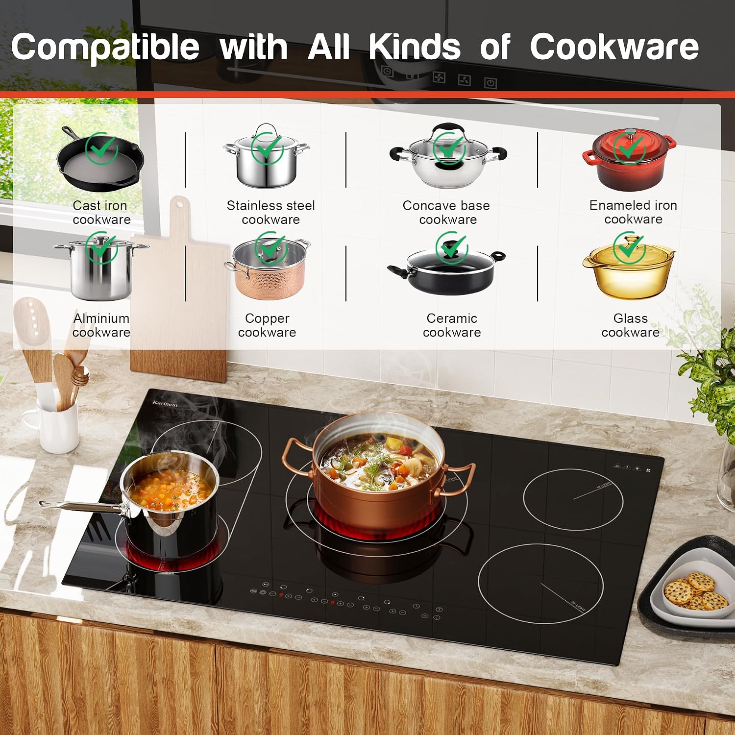 Karinear 36 Inch Electric Cooktop, Flexible Bridge &Triple Ring Expandable Burners, Pause, Timer, Child Safety Lock, 9600W Built-in Ceramic Cooktop