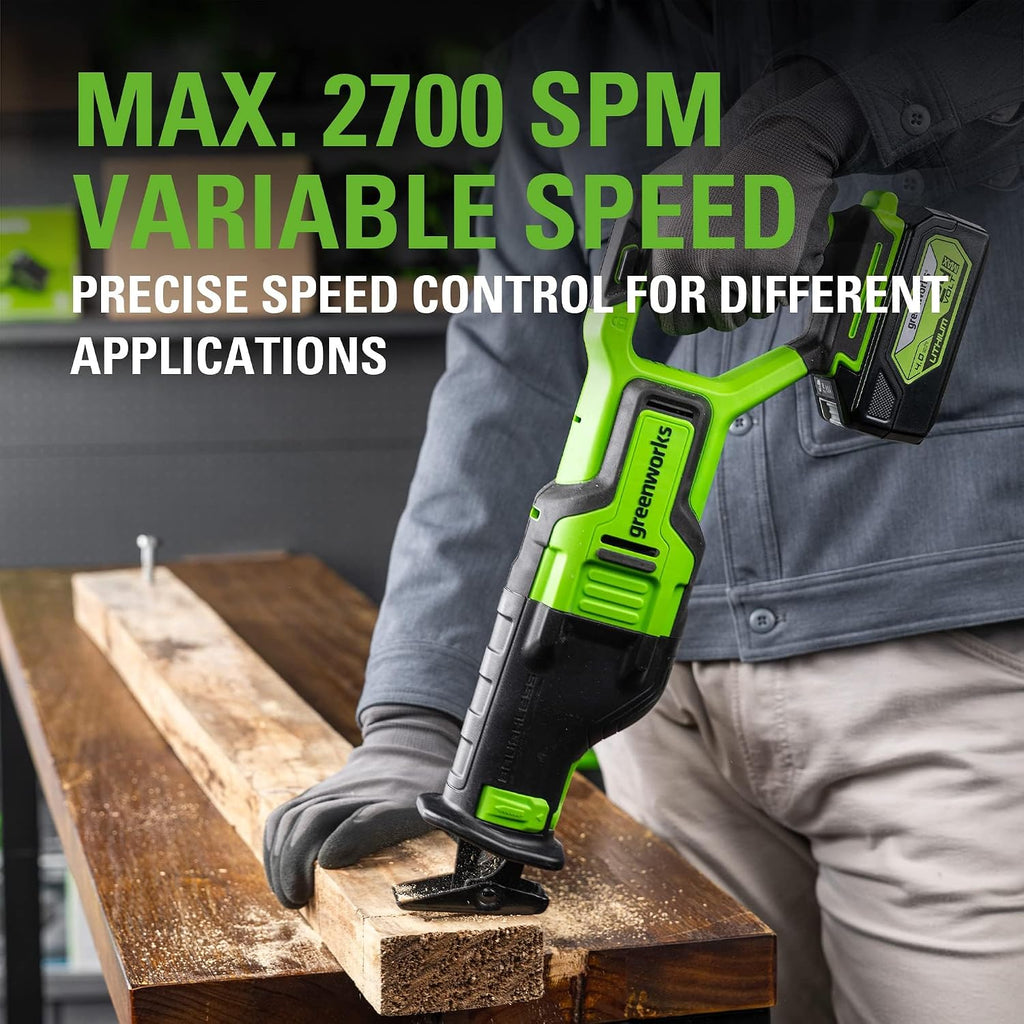 Greenworks 48V (24V x 2) Lawn Mower Combo Kit with 20' Push Mower, 12' String Trimmer, 320 CFM Blower, and Brushless 1/2' Drill Driver, and 1-1/8' Reciprocating Saw Ideal for Yard & Indoor