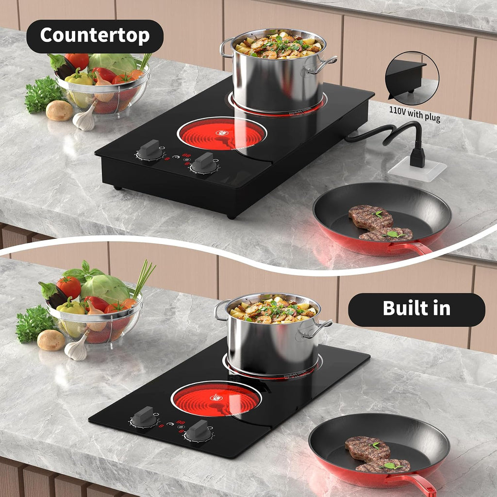 GIHETKUT Electric Cooktop,110V 2100W Stove top,Countertop and Built-in 2 burner cooktop,9-speed power, child safety lock, timer, knob and touch control 2 burner Electric cooktop