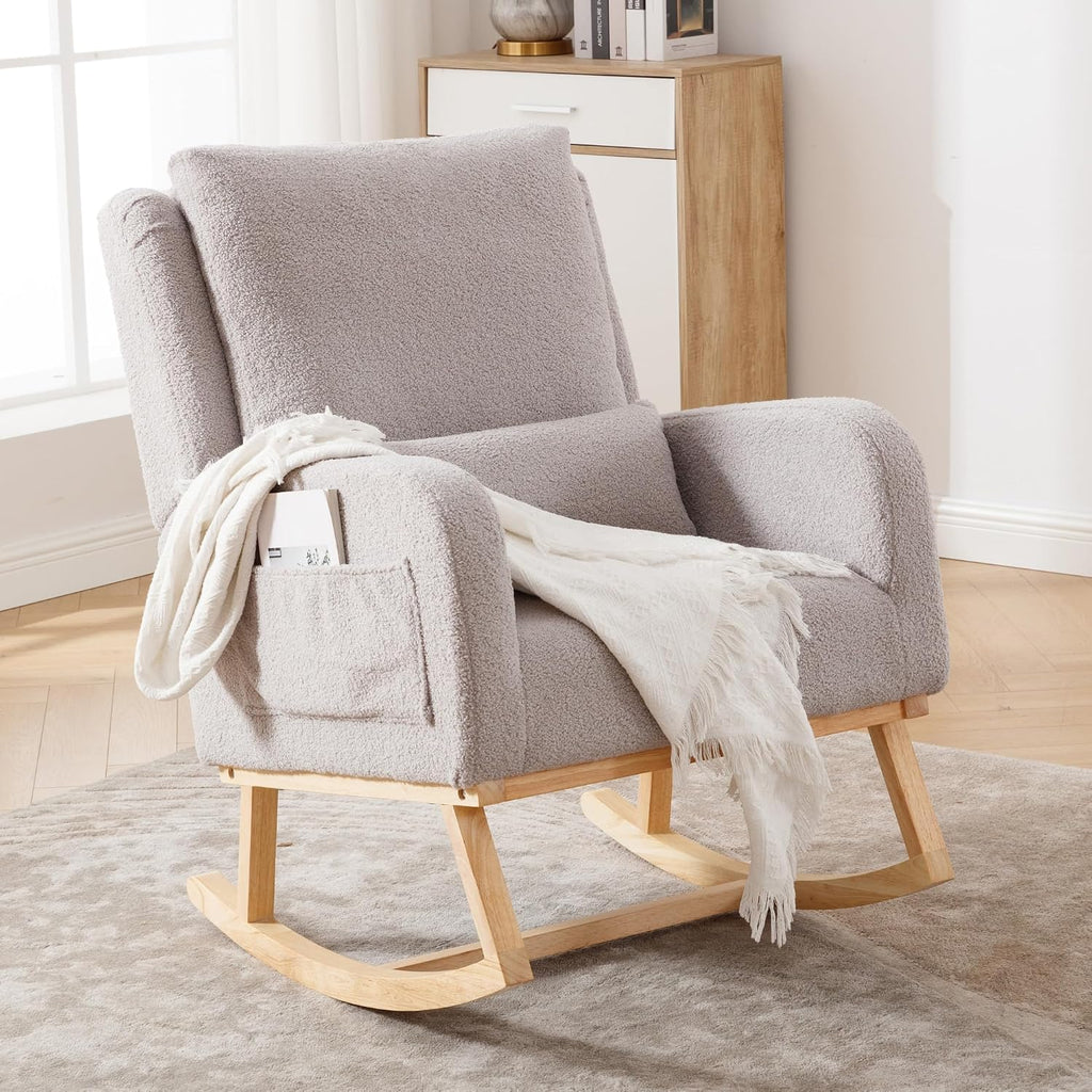 HCHAIRH Rocking Chair Nursery, Sherpa Nursing Rocking Chairs, Upholstered Nursery Glider Rocker for Mom Nursery Morden Accent Rocking Chair Pillow for Living Room,Bedroom,Teddy Light Grey