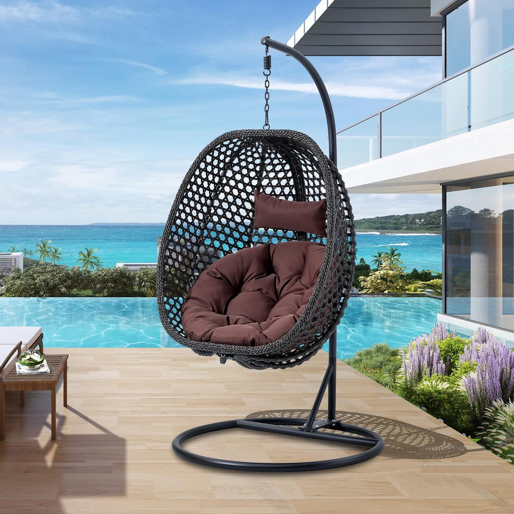 Hanging Egg Chair with Stand & Cushions, Outdoor and Indoor Hammock Rattan Swing Chair 350 lbs Capacity with Aluminum Steel Frame for Patio, Balcony, Backyard and Living Spaces (Black)