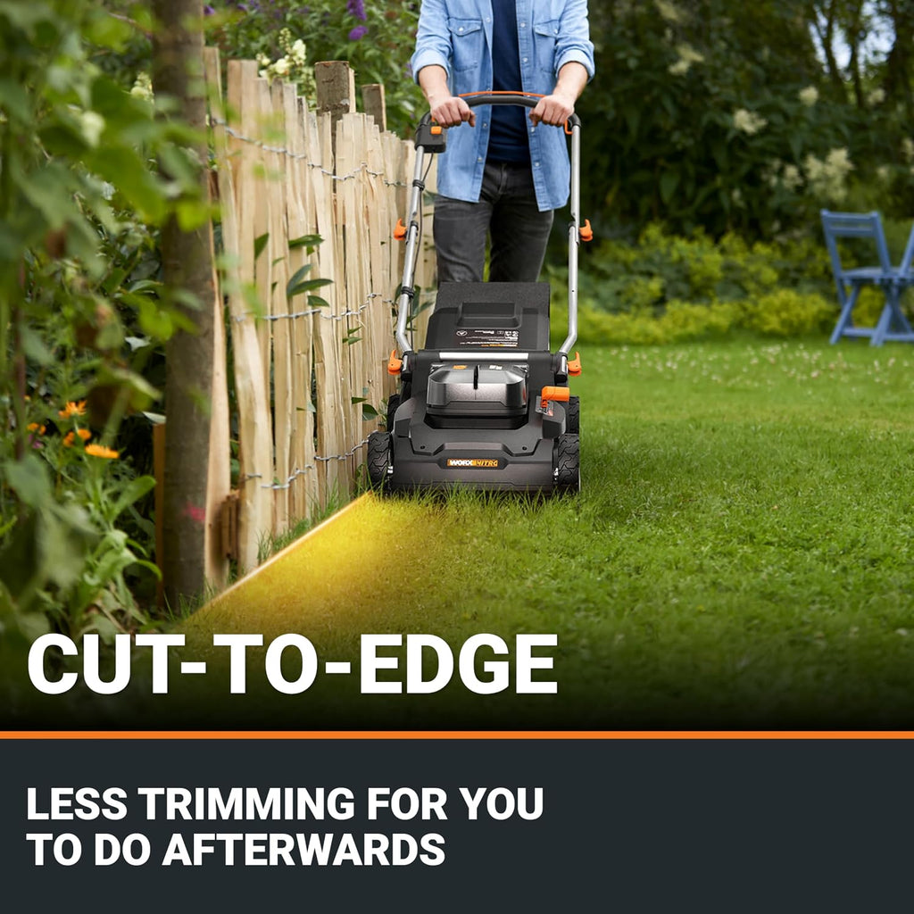 WORX 17'' Cordless Lawn Mower, 2 in 1 Electric Mower Cuts to Edge, Compact & Lightweight Push Lawn Mower with 6-Position Height Adjustment for Medium Size Yards, 2 Batteries & Charger Included, WG745