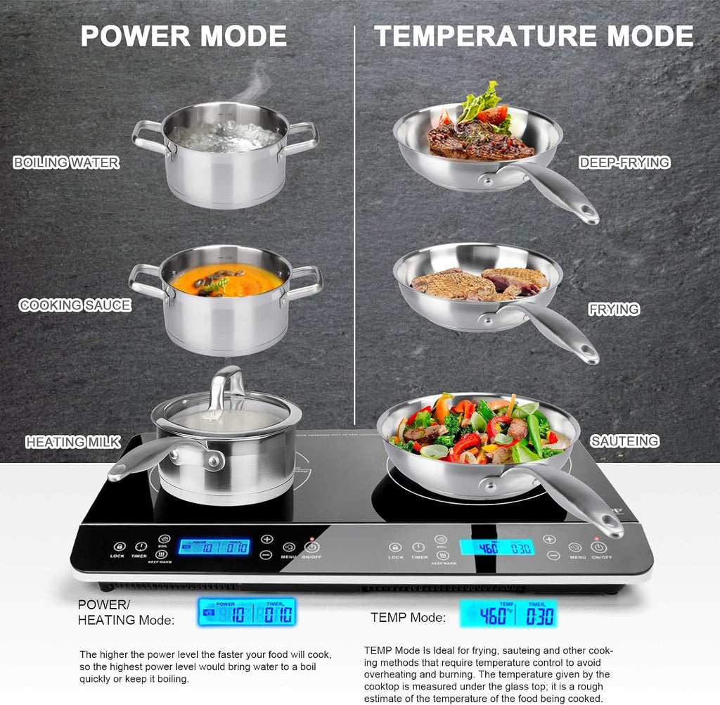 Duxtop LCD Portable Double Induction Cooktop 1800W Digital Electric Countertop Burner Sensor Touch Stove, 9620LS/BT-350DZ