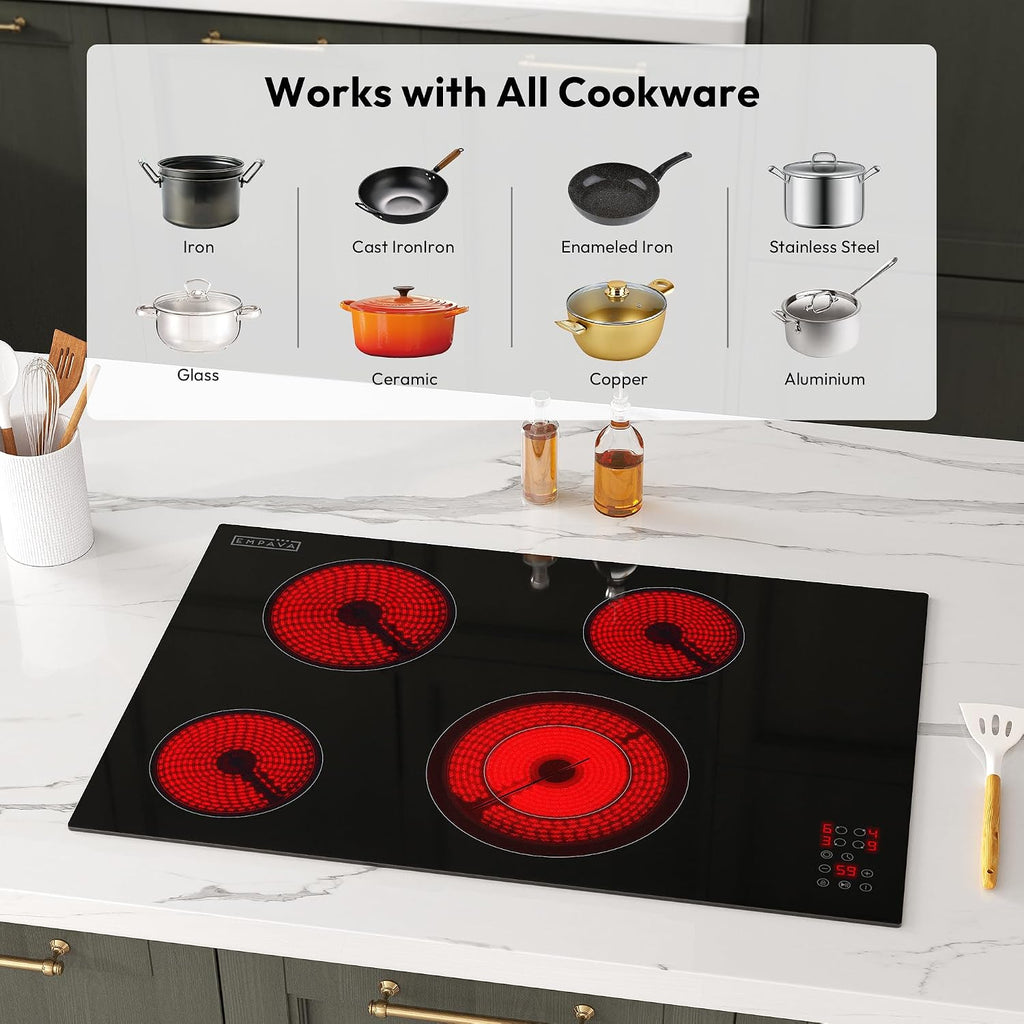 Empava 30 Inch Electric Ceramic Cooktop Built-in, 4 Radiant Burners, Dual Zone Heating, Touch Control, Child Lock, Stop & Go Pause Function, ETL Certified, Smooth Glass Surface