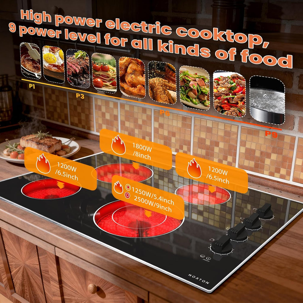 Noxton 30 Inch Electric Cooktop, 4 Burner Ceramic Cooktop with Glass Protection Metal Frame & Knob Control, Built-in Radiant Stove Top, Dual Ring Expandable Burner, 240V Hardwired for Seniors
