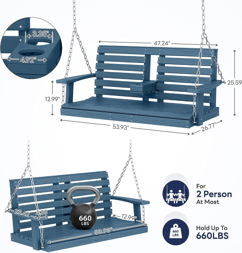 KINGYES Outdoor Hanging Porch Swing, 2 Seat Patio Swing Chair with Cup Holders, Waterproof Swing Chair Bench for Courtyard & Garden, 660LBS Weight Capacity, Blue