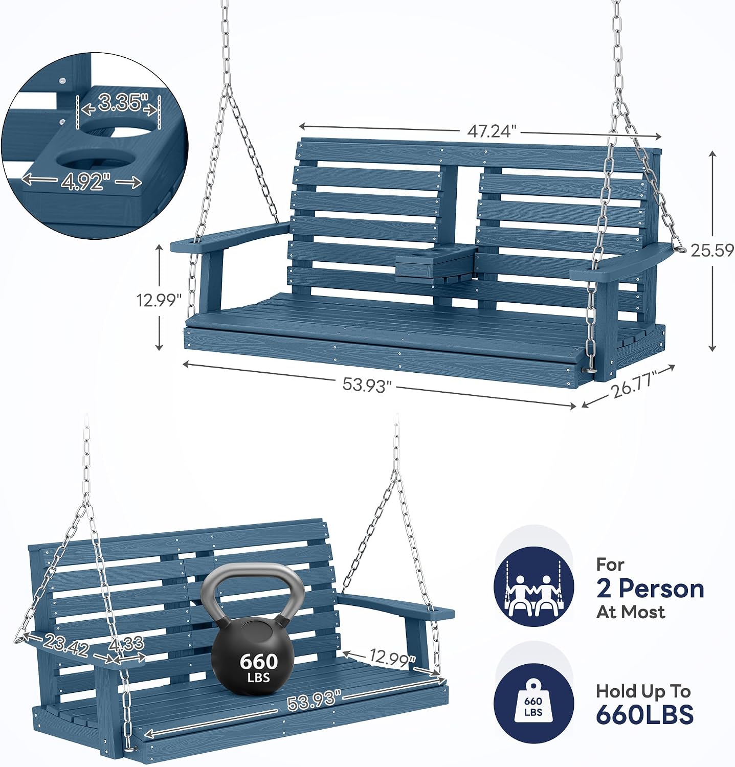 KINGYES Outdoor Hanging Porch Swing, 2 Seat Patio Swing Chair with Cup Holders, Waterproof Swing Chair Bench for Courtyard & Garden, 660LBS Weight Capacity, Blue