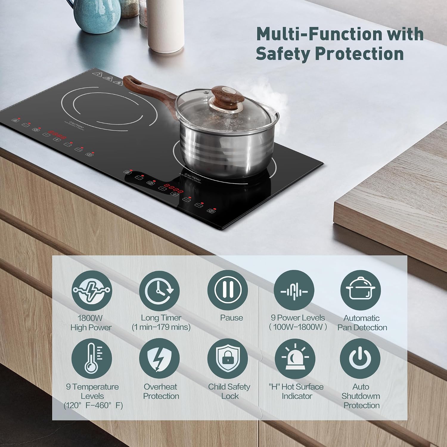 Induction Cooktop with 2 Burners, Horizontal Electric Stove, Built-In Induction Cooker, 1800W Sensor Touch Electric Cooktop, 9 Power Levels, Timer, Safety Lock, 120V, 20 Inch