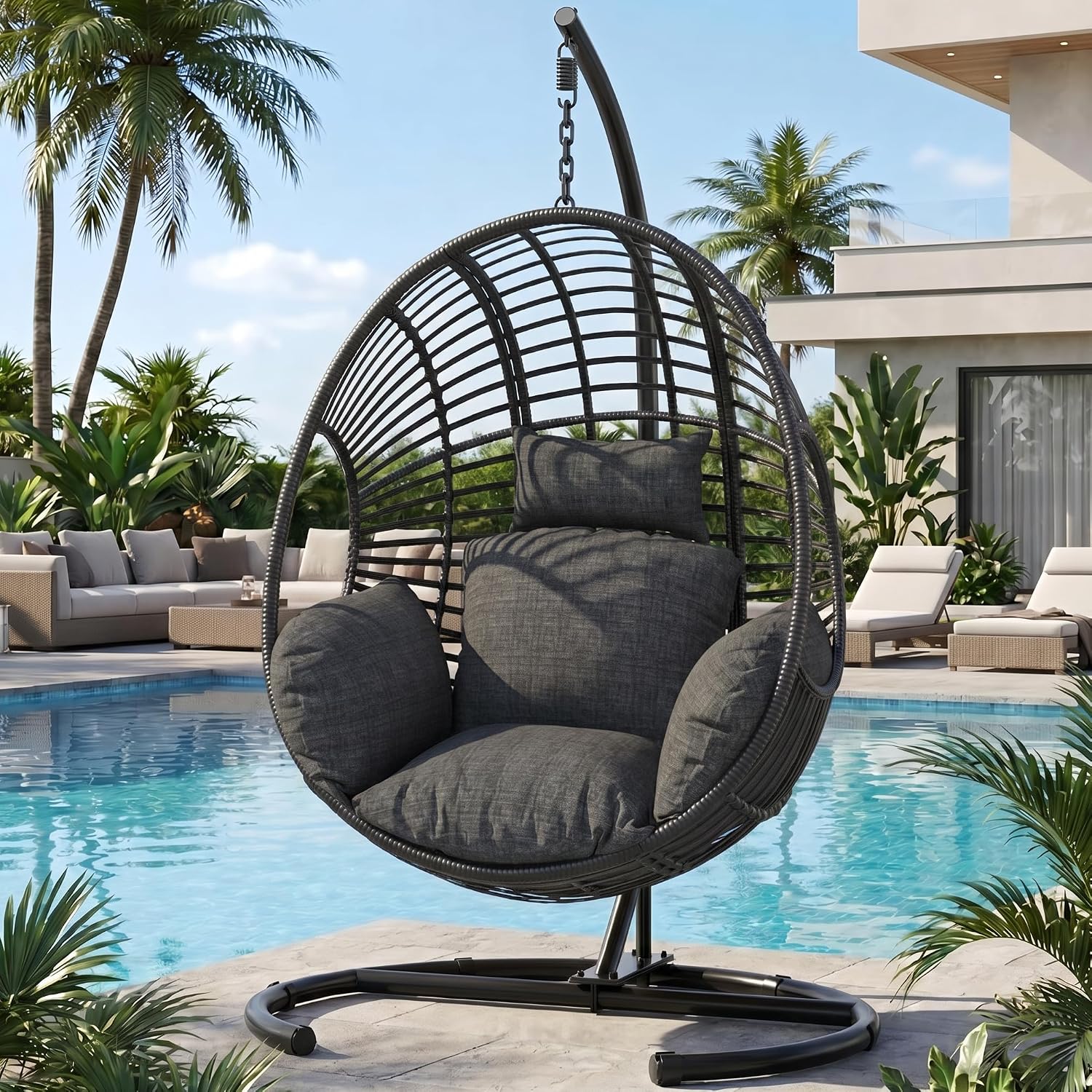 Oversized Hanging Egg Chair Set of 2 Outdoor Indoor, Wicker Swing Egg Chair with Stand 400lbs Capacity for Bedroom, Patio, Garden and Balcony